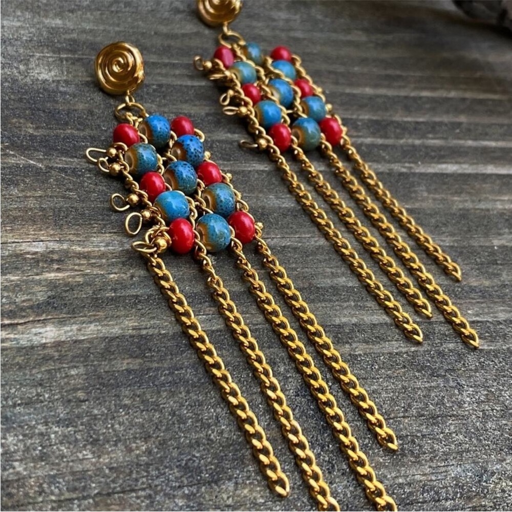 NEW Ceramic Beaded Gold Tassel Earrings - Picture 7 of 13